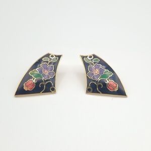 Vintage Cloisonné Enamel Earrings Floral Gold Tone Fan Shape